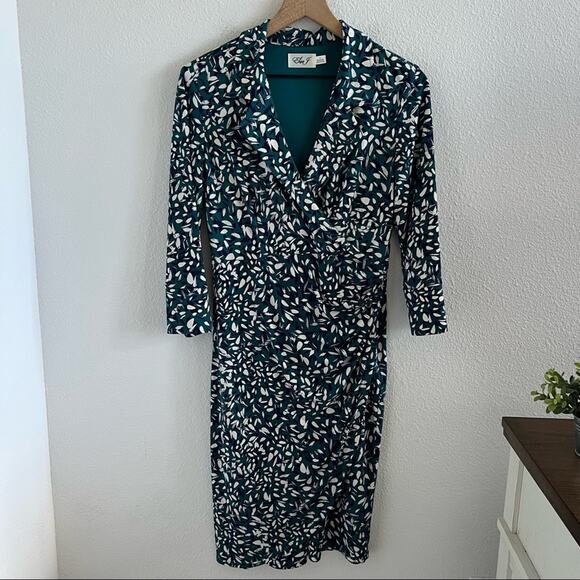Eliza J Faux Wrap Collared Green Cream Navy Brushstroke Dress 6 - Picture 1 of 14